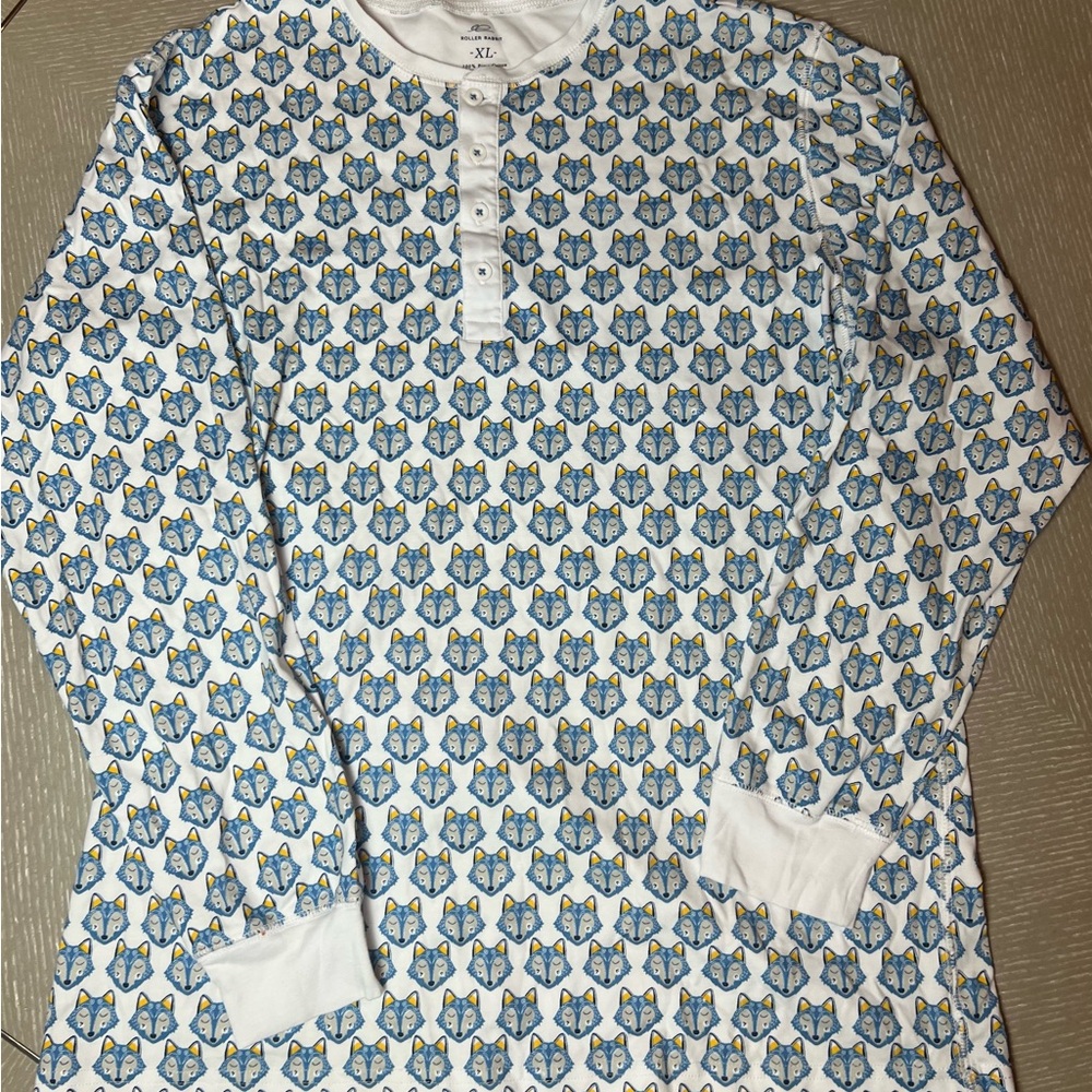 White and Blue Patterned Long Sleeve Henley PJ top